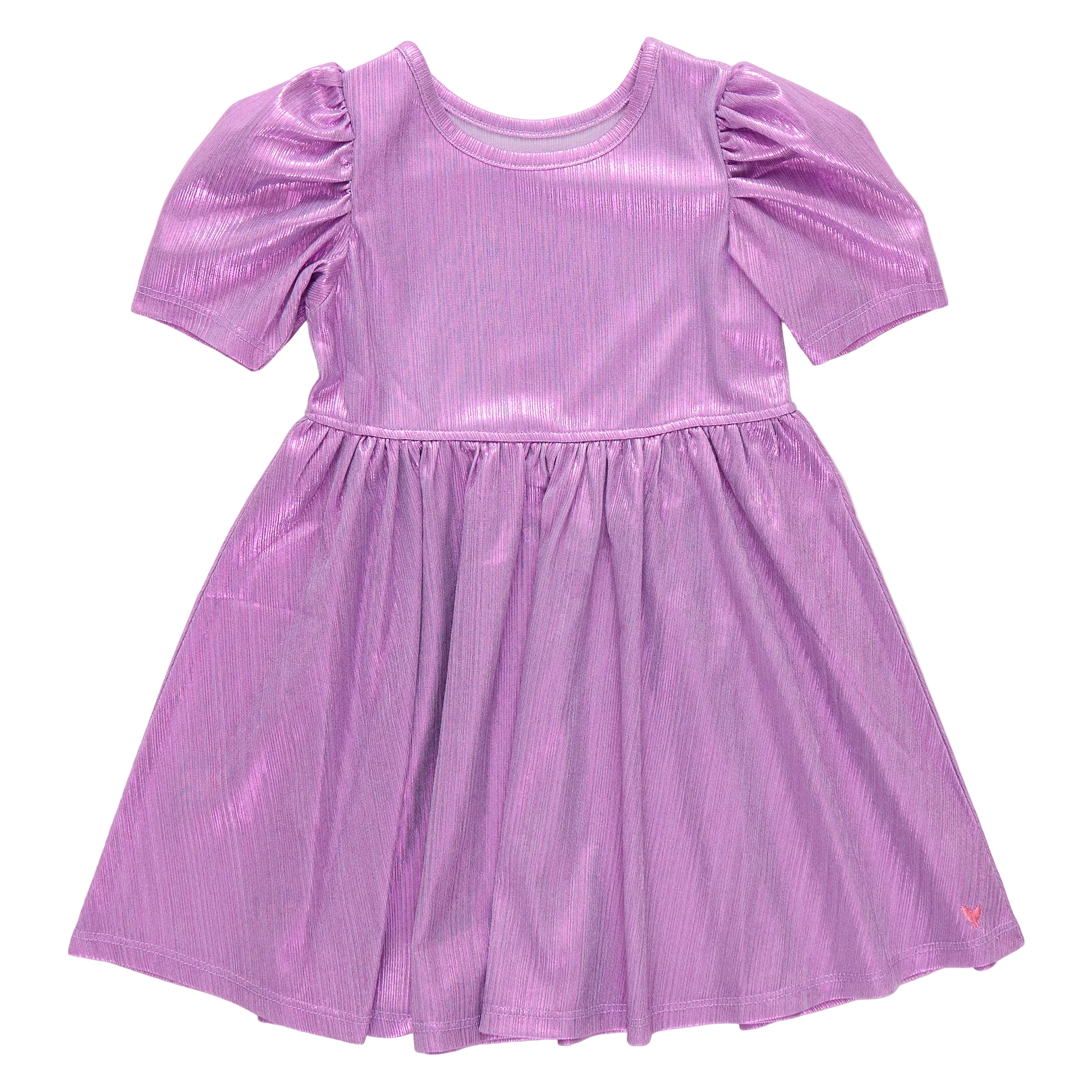 Purple lame dress with puff sleeves on a white background
