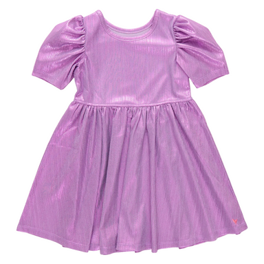 Purple lame dress with puff sleeves on a white background
