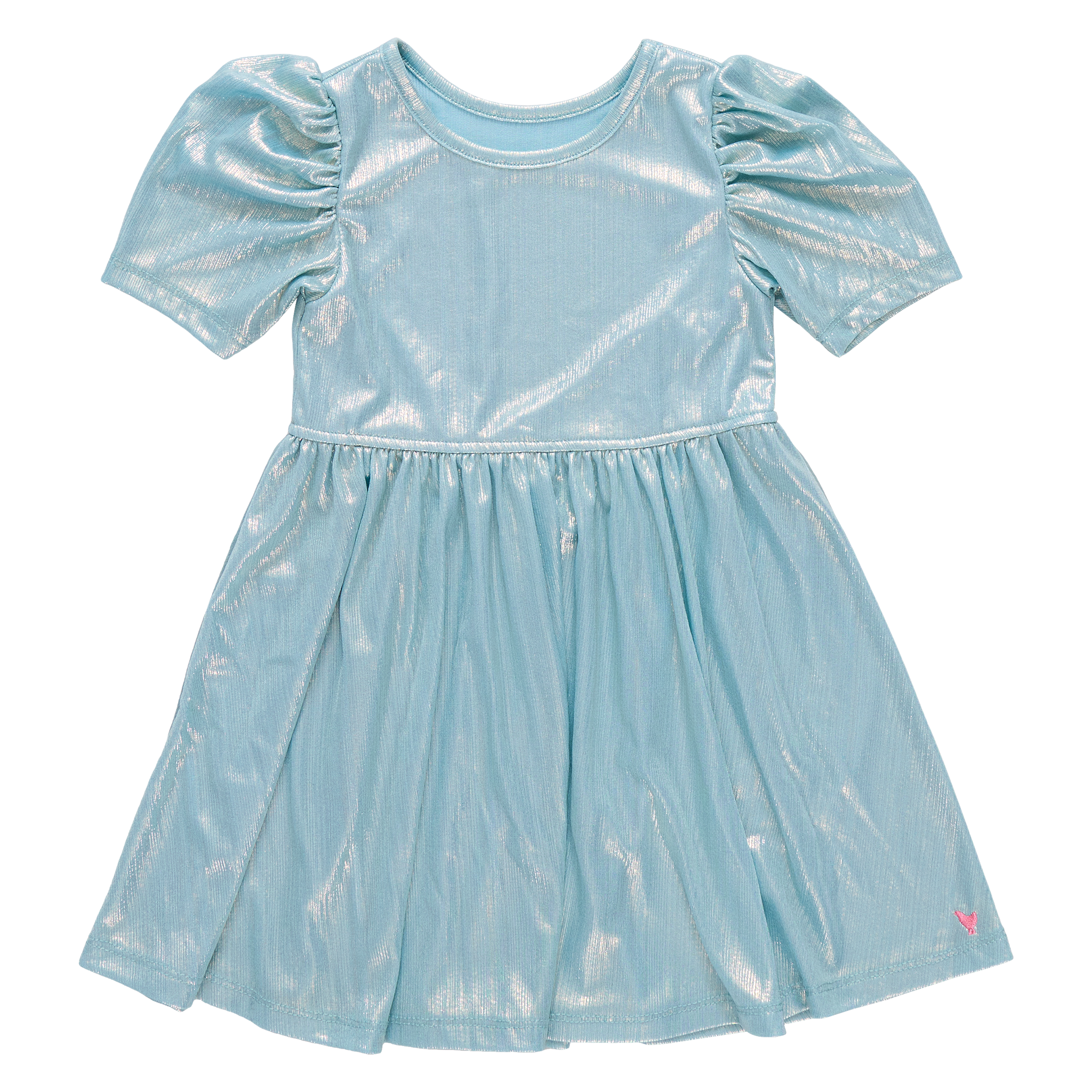 Light blue metallic dress with puff sleeves on a white background