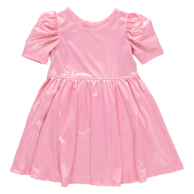 Pink dress with ruffled sleeves on a white background