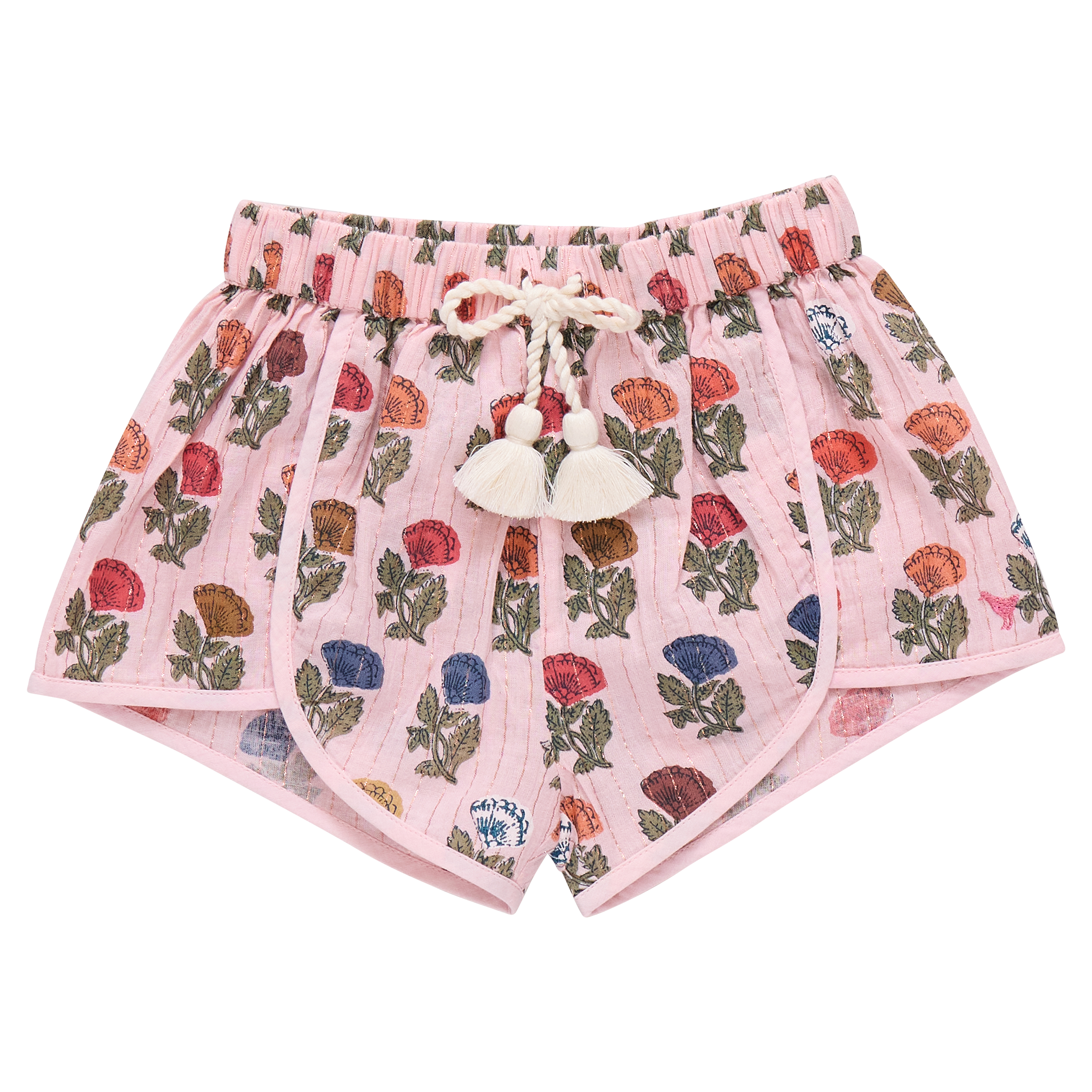 Floral patterned shorts with a drawstring on a white background