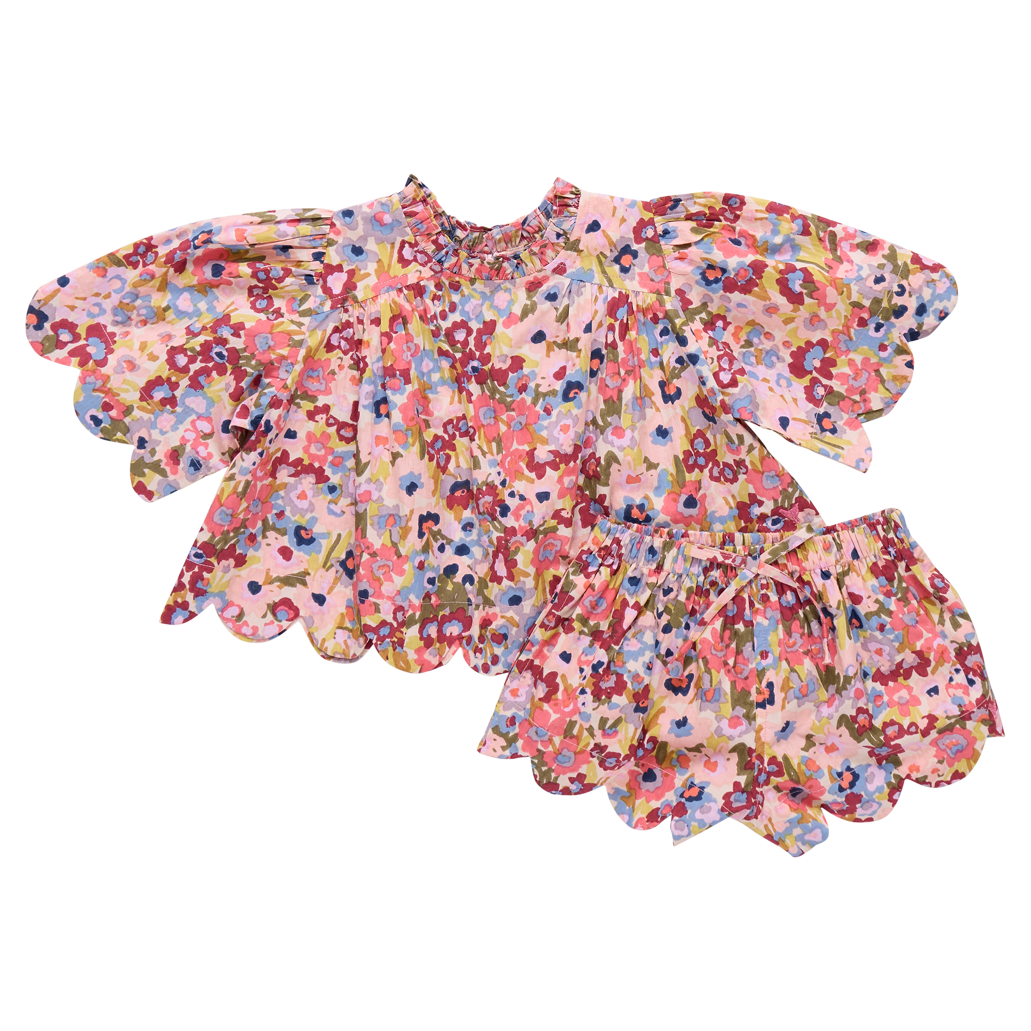 Floral top with ruffled sleeves and short on a white background