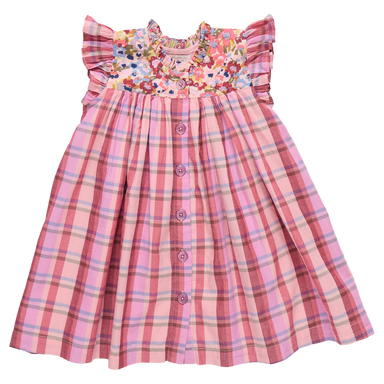 Pink plaid dress with floral neckline on a white background