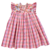 Pink plaid dress with floral neckline on a white background