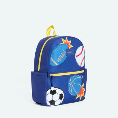 Side view of a Patchwork Sports Kane Backpack featuring a football, baseball, soccer ball and basketball.