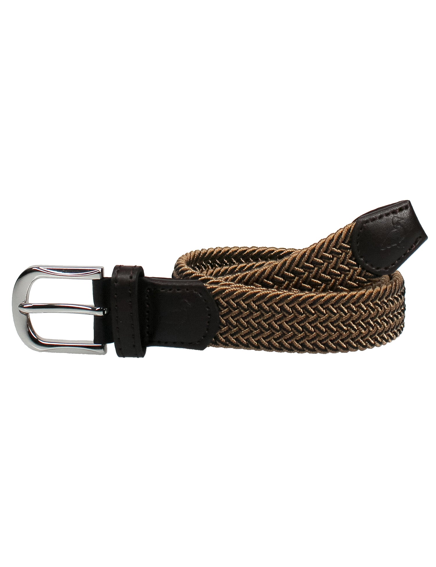 Brown braided belt with black strap and silver buckle on a white background