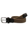Brown braided belt with black strap and silver buckle on a white background