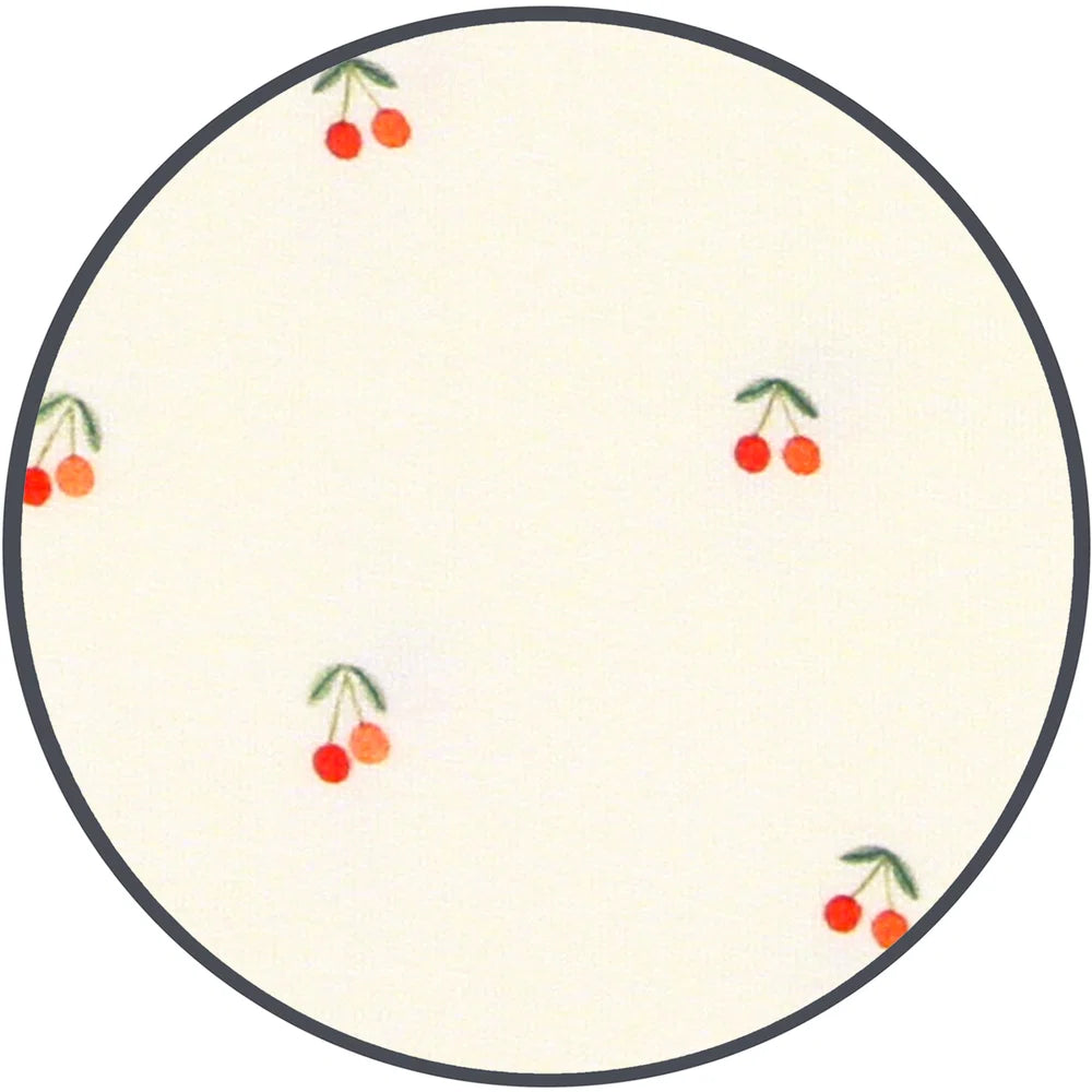 A fabric sample featuring a cream background with a repeating pattern of small red cherries on green stems, framed by a dark gray border.