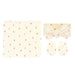 Baby set featuring a cream-colored blanket, a matching headband with a large bow, and a pair of mittens, all decorated with a small cherry print.