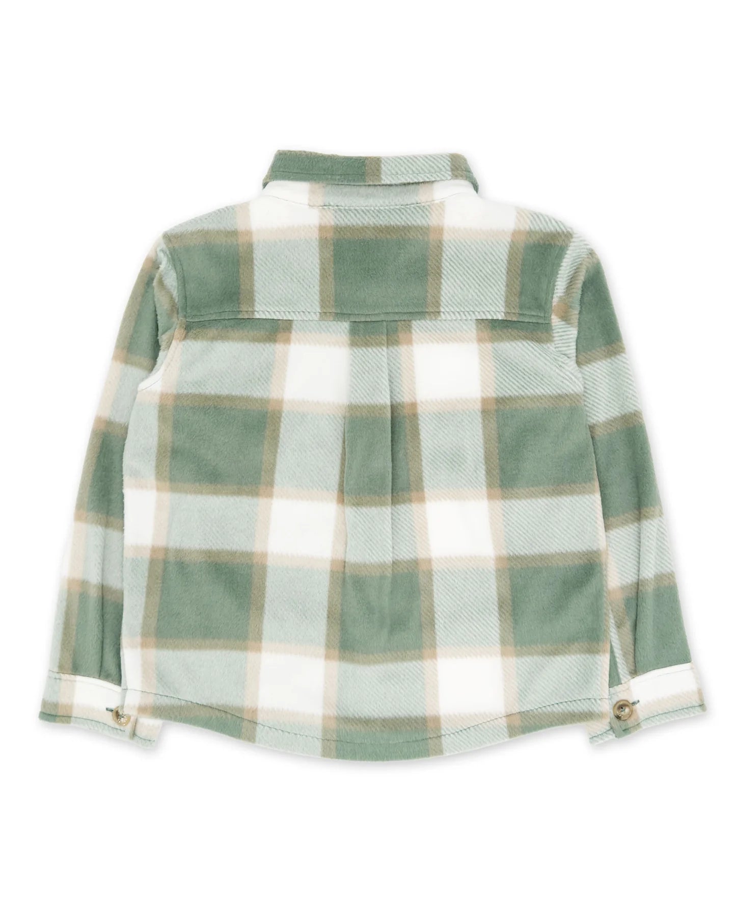 A long-sleeve plaid button-up shirt shown from the back, featuring a green, white, and tan checkered pattern on a plain white background.
