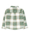 A long-sleeve plaid button-up shirt shown from the back, featuring a green, white, and tan checkered pattern on a plain white background.
