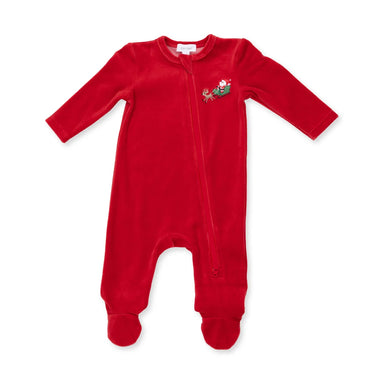 A red velour zipper footie with an embroidered Santa in a sleigh.