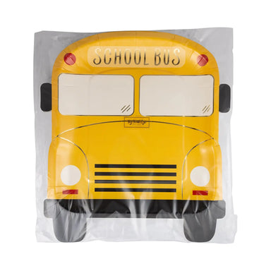 Yellow school bus-shaped paper plates with 'School Bus' text on a white background