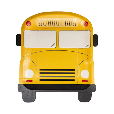 Yellow school bus paper plate on a white background