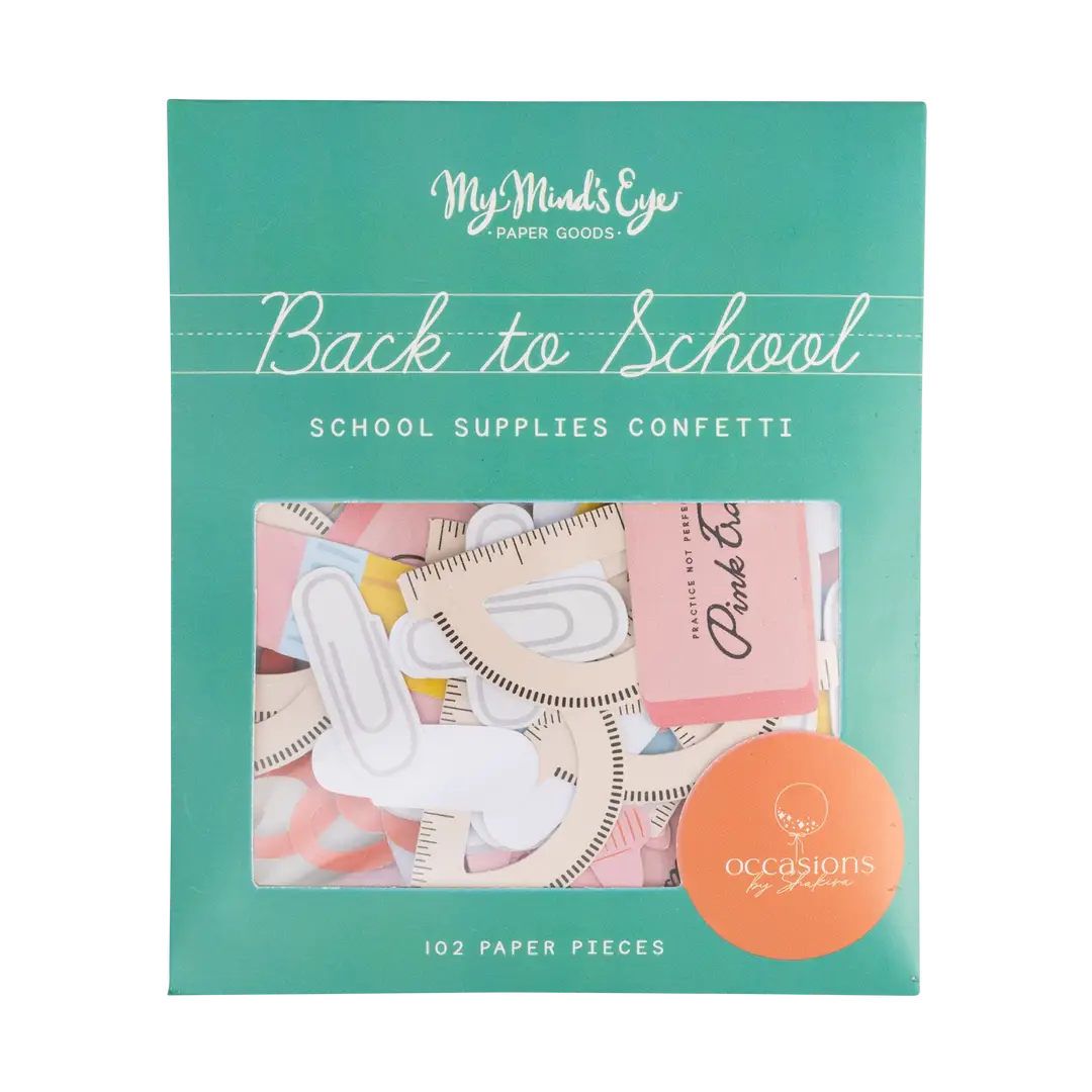 Packaging of 'Back to School' school supplies confetti with a green background and product image.