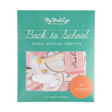 Packaging of 'Back to School' school supplies confetti with a green background and product image.