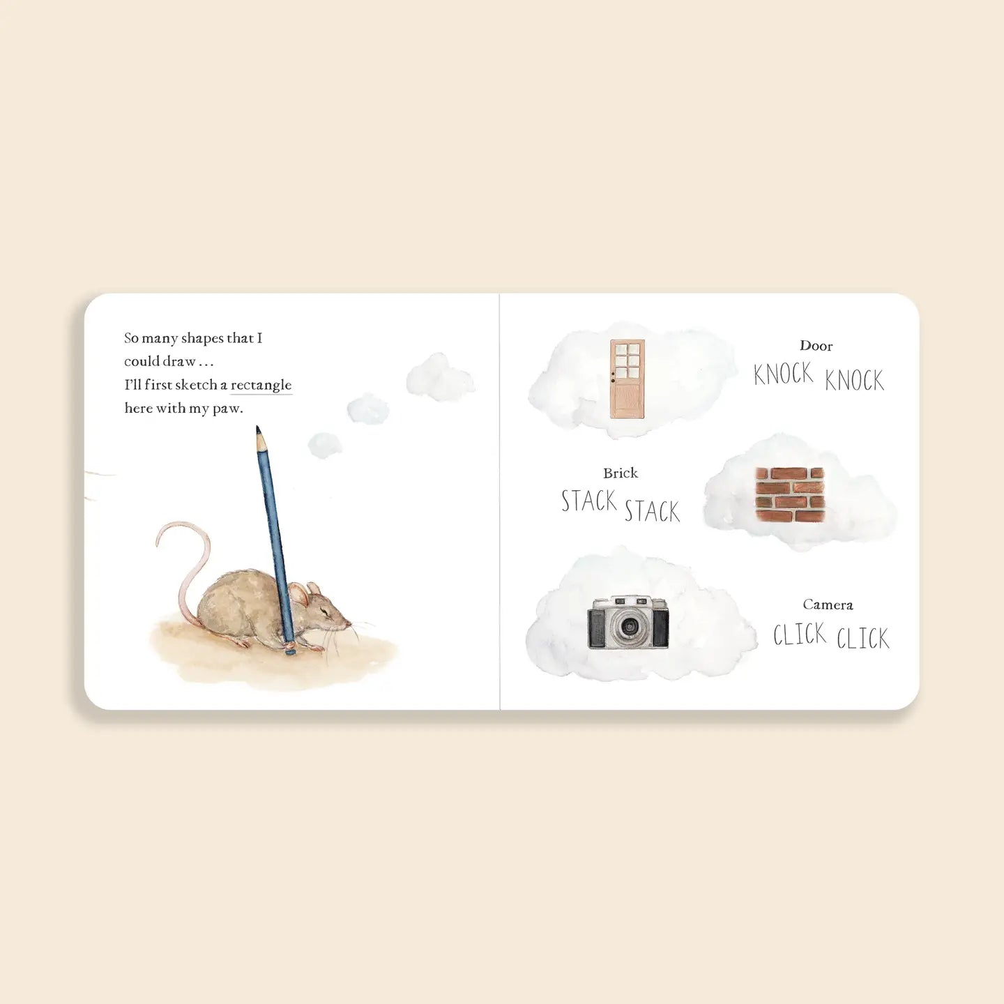 Illustrated book page with a mouse, pencil, and camera on a beige background