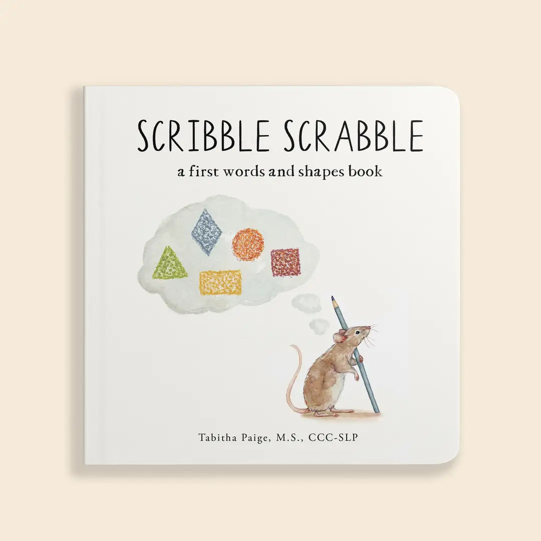 Book titled 'Scribble Scrabble' with a mouse illustration and colorful shapes on a beige background