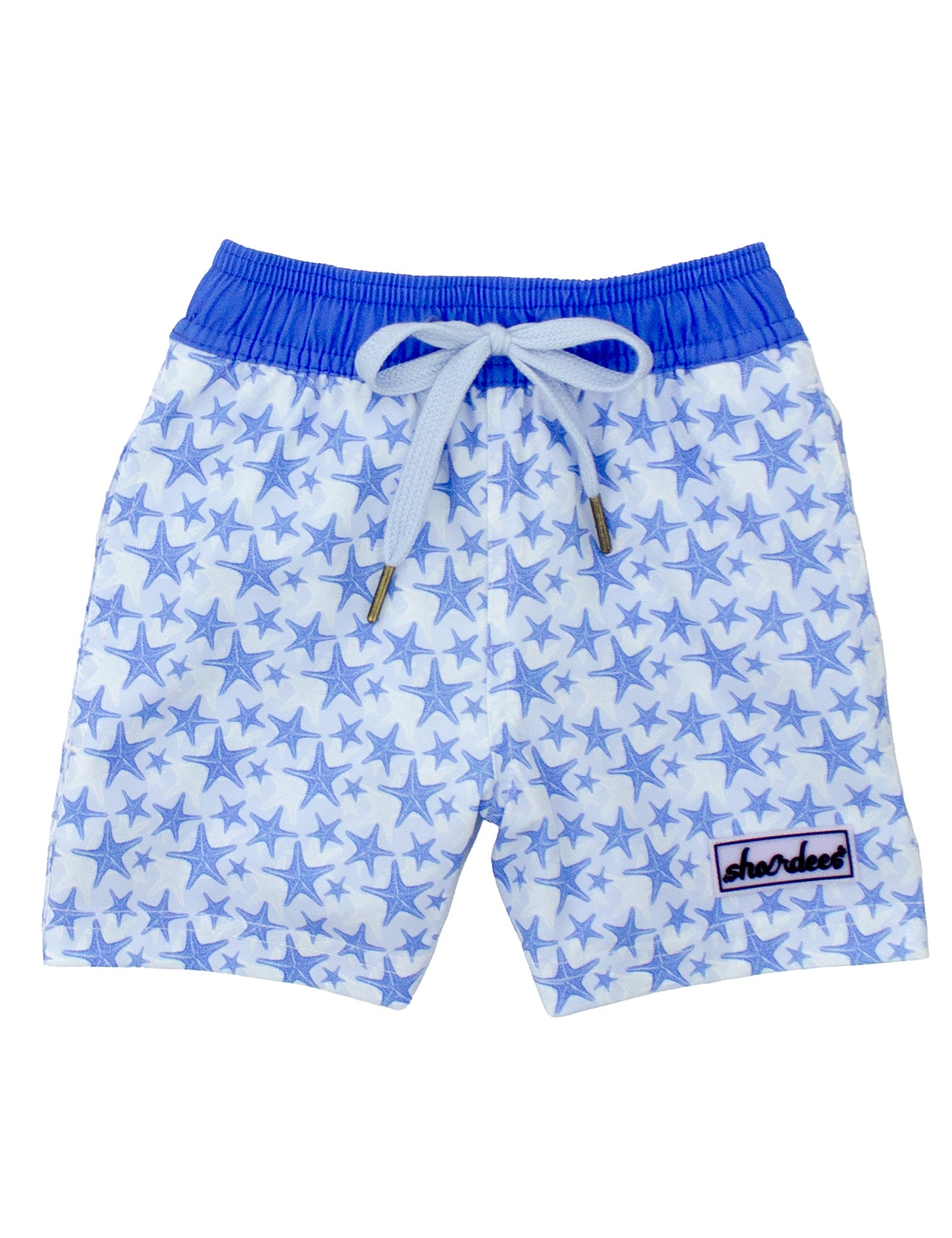Blue swim trunk with star pattern on a white background