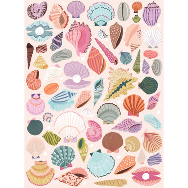 Pattern of colorful seashells on a light pink background