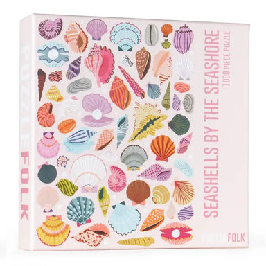 Jigsaw puzzle box with colorful seashell pattern on a white background