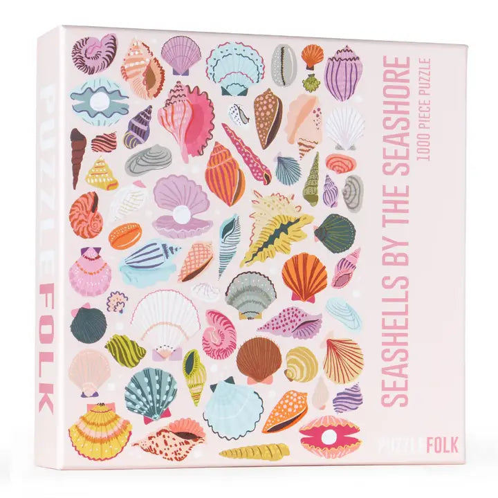 Jigsaw puzzle box with colorful seashell pattern on a white background