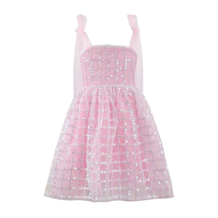 Pink sequin dress with a grid pattern on a white background