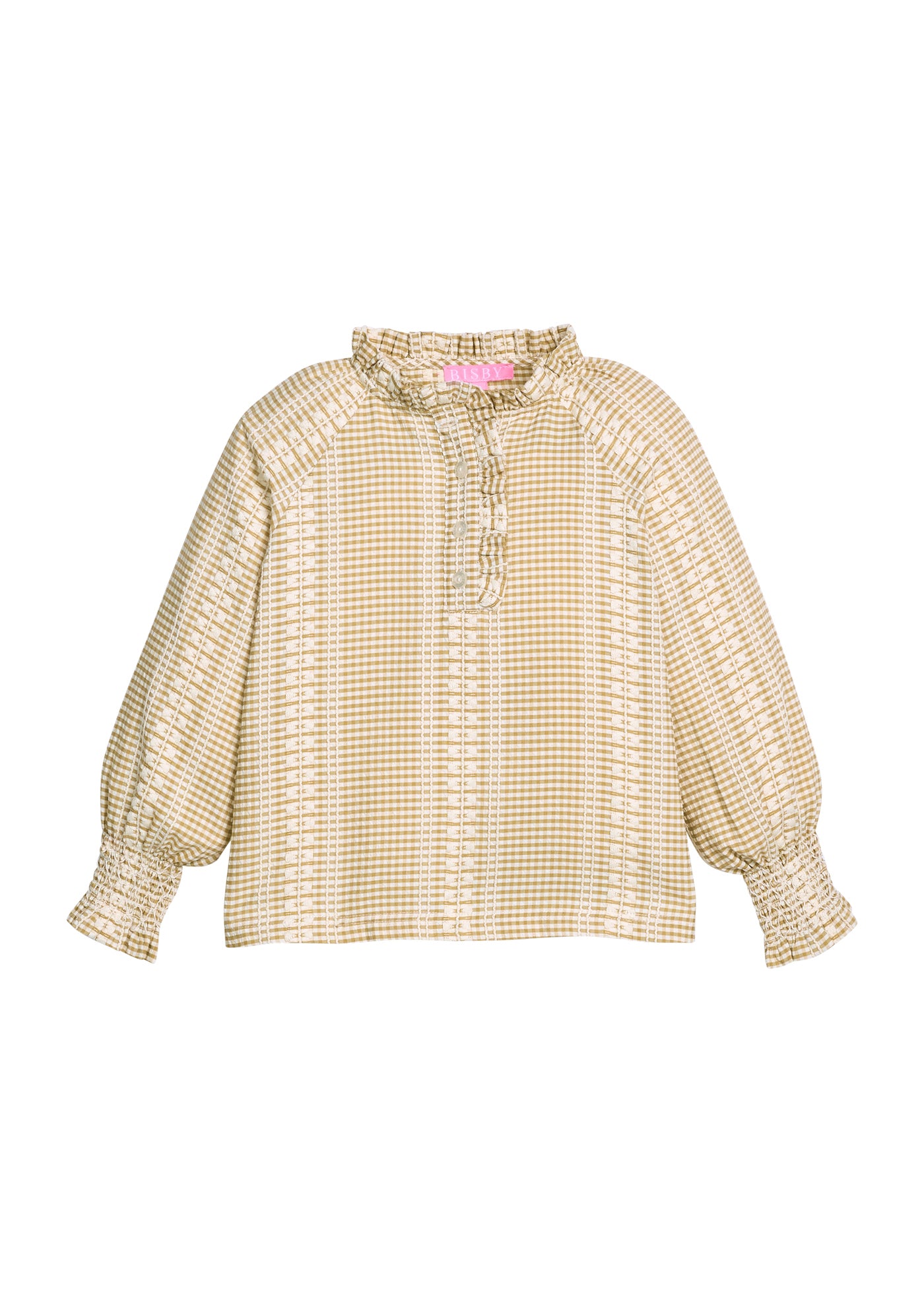 Khaki checkered blouse with long sleeves on a white background
