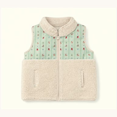 A sleeveless zip-front fleece vest with a light beige sherpa collar and lower body, and a mint green upper panel printed with small rodeo motifs, shown on a plain light background.