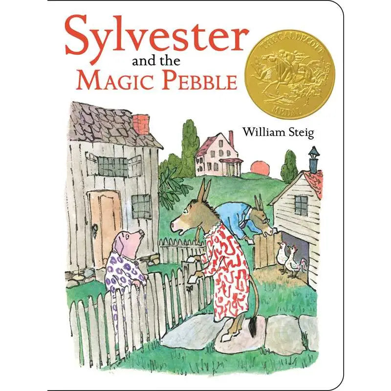 Book cover of 'Sylvester and the Magic Pebble' with illustrations of animals and a pebble.
