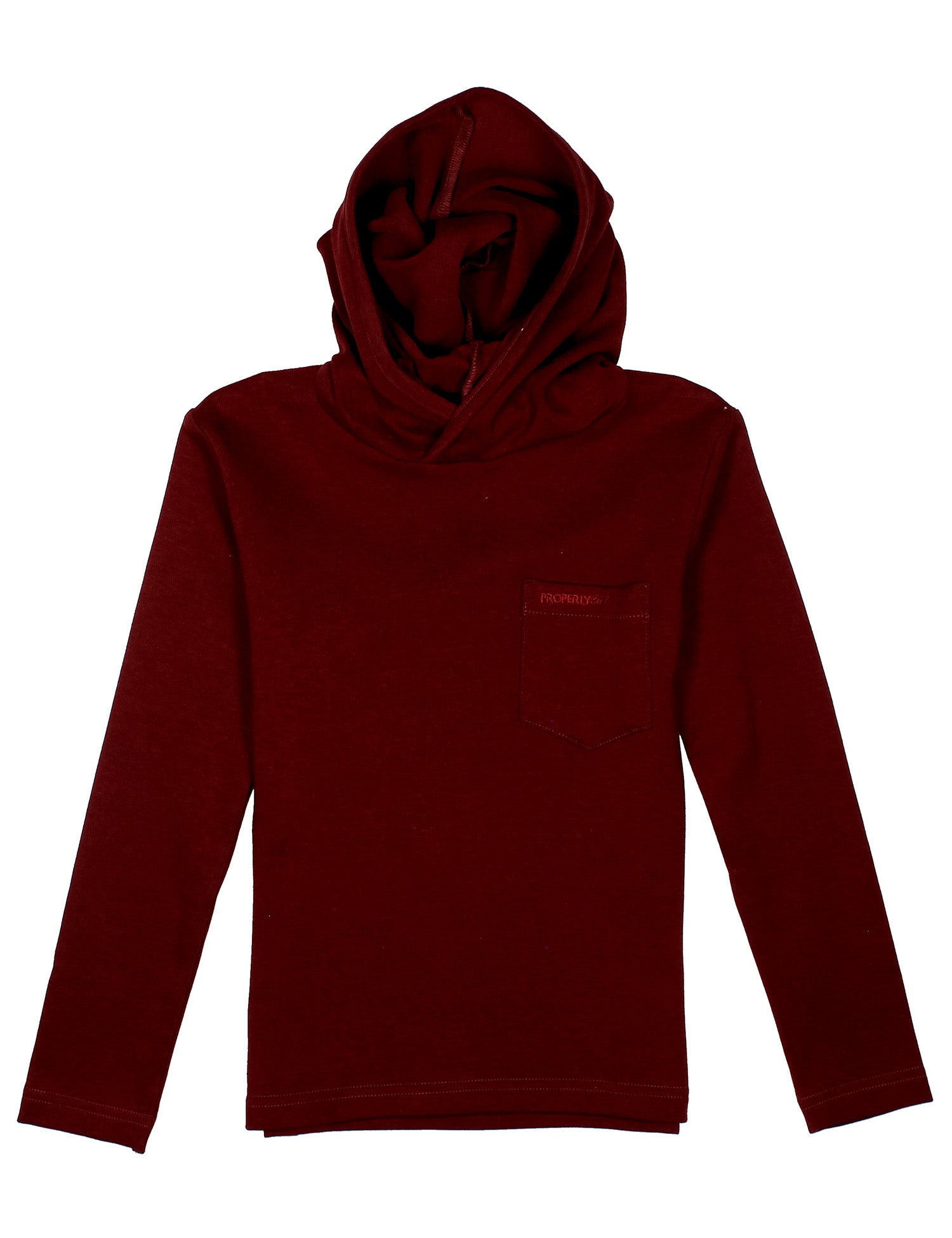 Maroon hoodie with a small logo on a white background