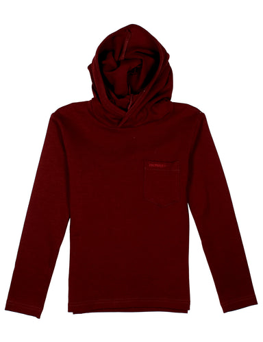 Maroon hoodie with a small logo on a white background