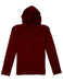 Maroon hoodie with a small logo on a white background