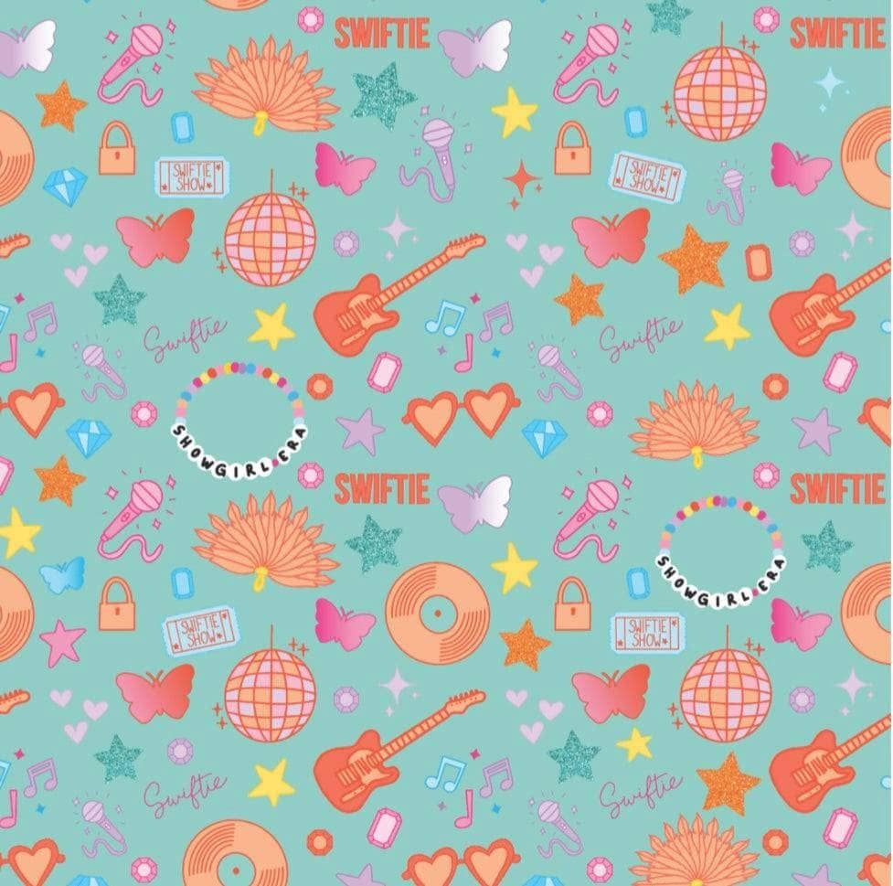 A repeating retro Swifty pattern on a light aqua background, featuring orange guitars, pink microphones, yellow stars, pink hearts, orange disco balls, and the word 'SWIFTIE' in multiple stylized fonts.