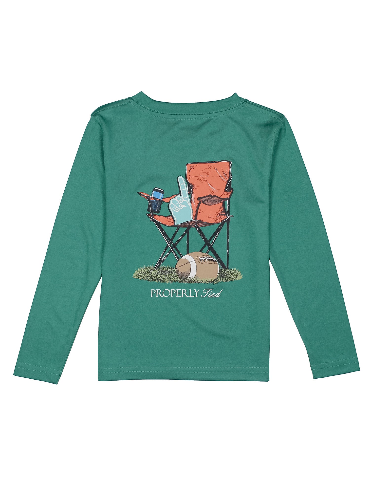 Green long-sleeve shirt with a graphic of a chair, cooler, and football on a white background