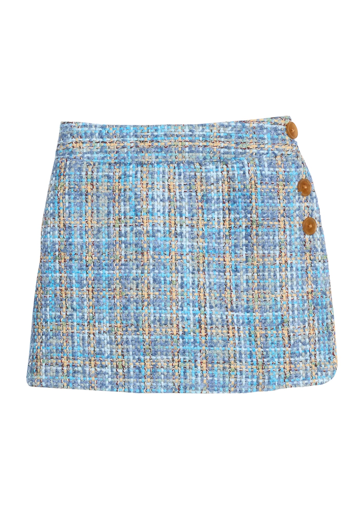 Blue plaid  skort with brown buttons on a white background
