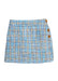 Blue plaid  skort with brown buttons on a white background