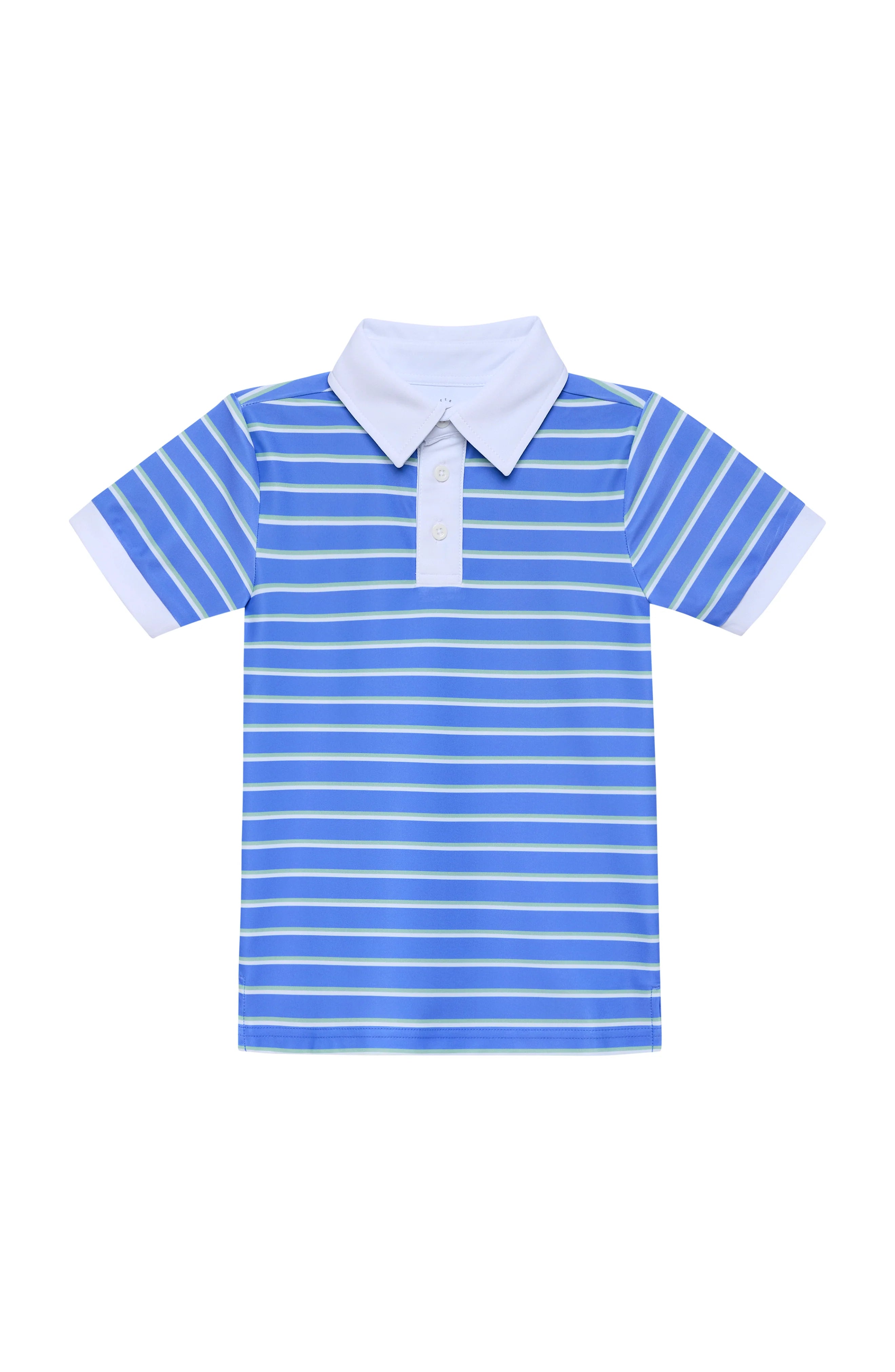 Blue and white striped polo shirt on a white background