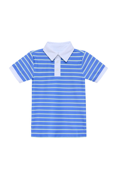 Blue and white striped polo shirt on a white background