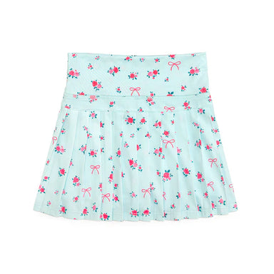 Light blue skirt with pink floral and bow pattern on a white background