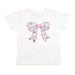 White t-shirt with a large pink and floral bow design on a white background