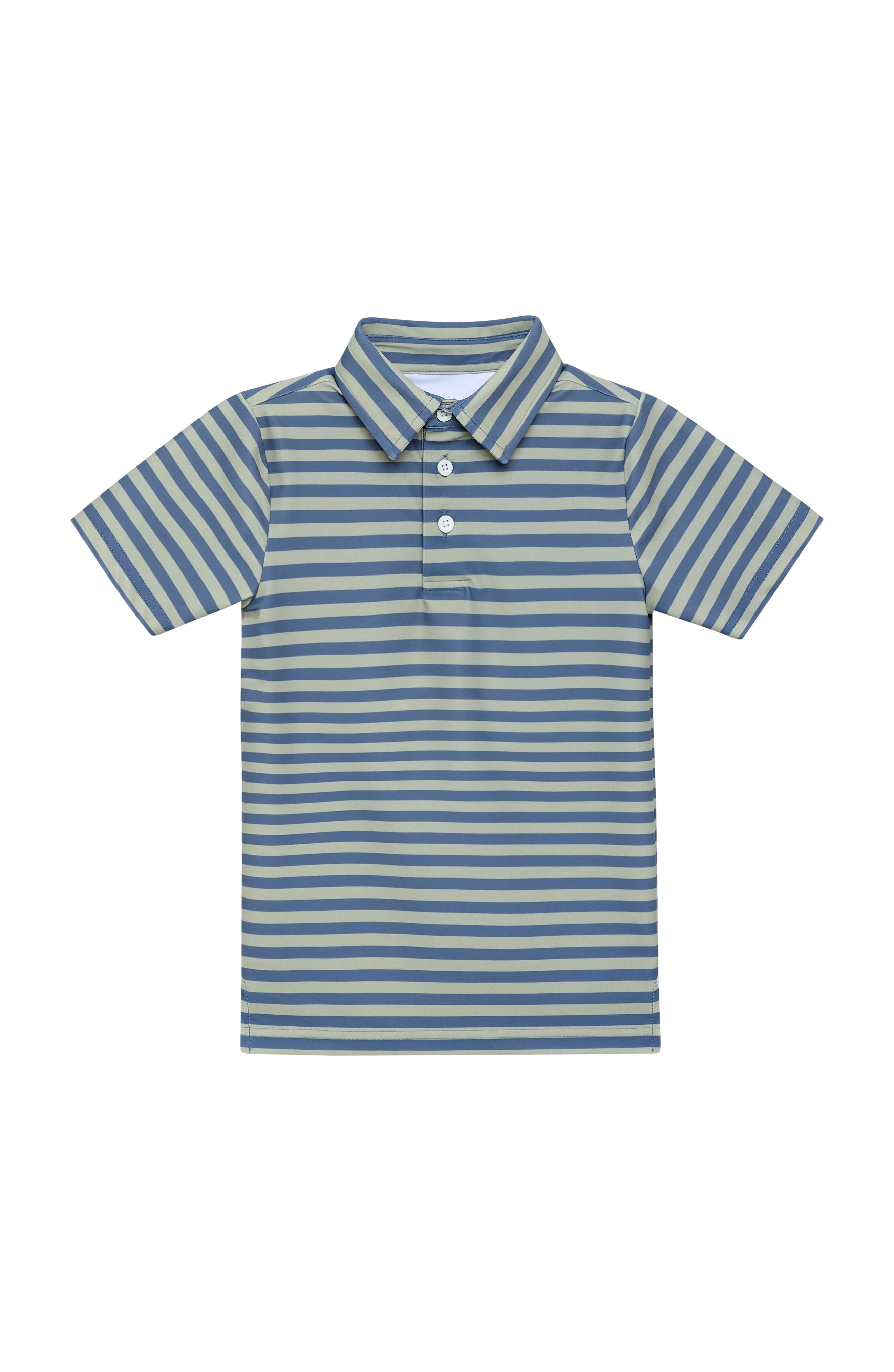A short-sleeve polo shirt with horizontal stripes in slate blue and light green, featuring a two-button placket, on a solid white background.