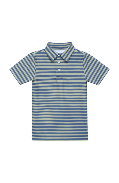 A short-sleeve polo shirt with horizontal stripes in slate blue and light green, featuring a two-button placket, on a solid white background.