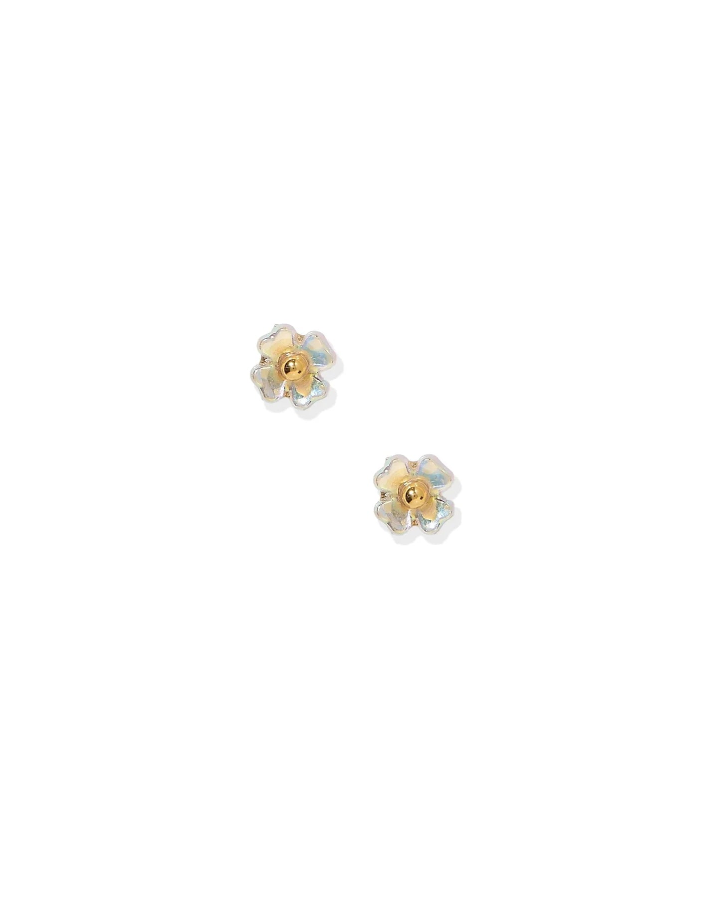 Pair of gold flower-shaped earrings on a white background