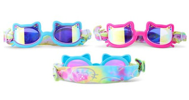 Three pairs of colorful cat-eye sunglasses with patterned straps on a white background