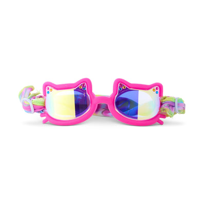 Colorful cat-eye sunglasses with a multicolored band on a white background