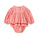 A baby girl's long-sleeve romper in a pink and white gingham check pattern, decorated with small embroidered strawberries and a red wavy hem trim, shown flat on a white background.