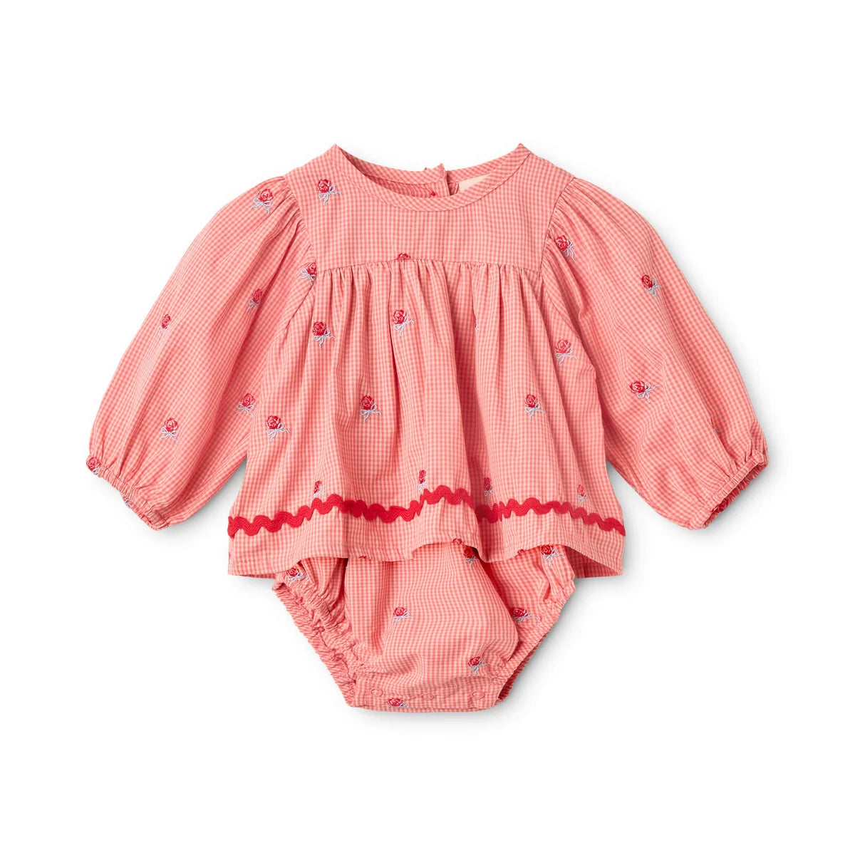A baby girl's long-sleeve romper in a pink and white gingham pattern, decorated with small red strawberry prints and a red wavy trim along the hem, shown on a plain white background.