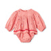 A baby girl's long-sleeve romper in a pink and white gingham pattern, decorated with small red strawberry prints and a red wavy trim along the hem, shown on a plain white background.