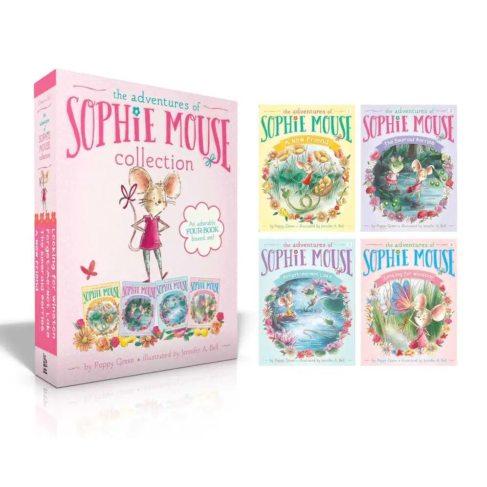Collection of Sophie Mouse books with a pink box packaging on a white background